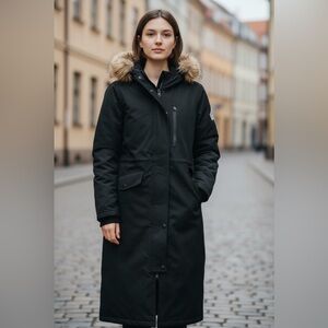 Beaver Canoe Black Parka Coat with Fur Trim Medium